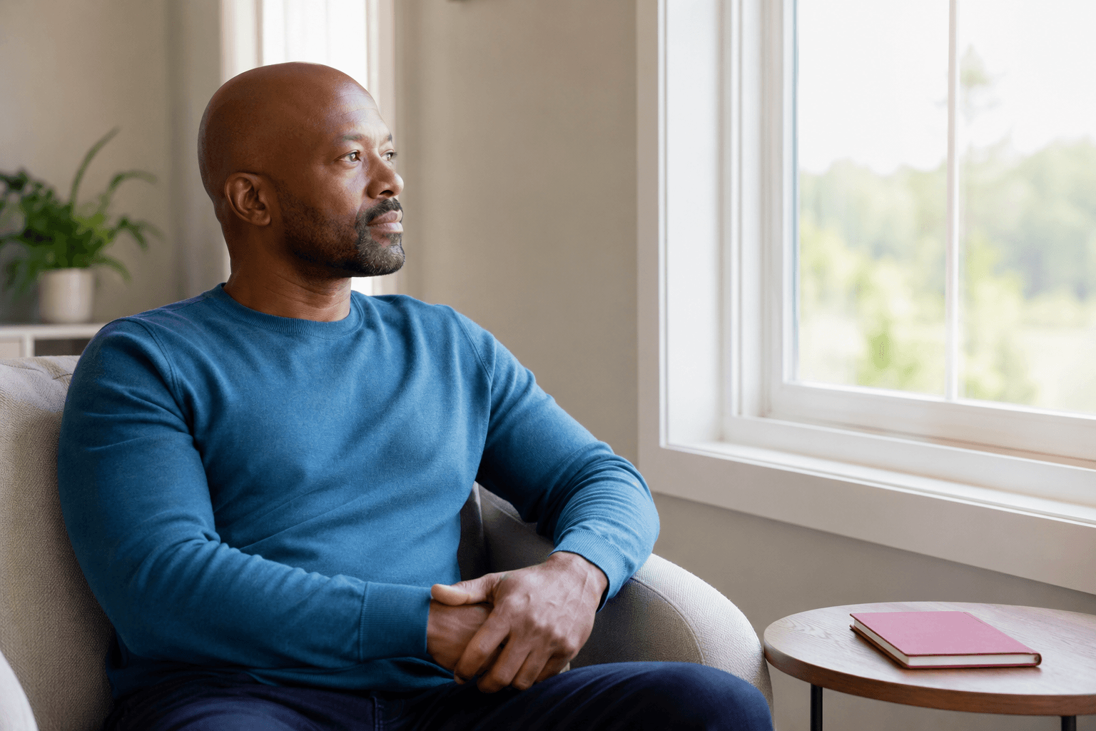 A man in a blue sweater sits on a couch by a window, looking outside with a thoughtful expression.