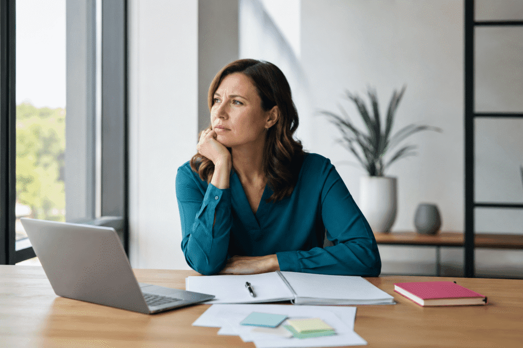 Thoughtful professional woman looking out a window while struggling to focus during stressful times