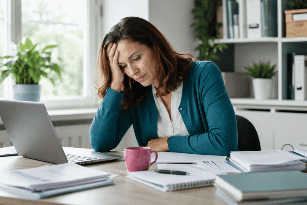 Woman sitting at a cluttered desk, head in hand, looking stressed while working on a laptop.