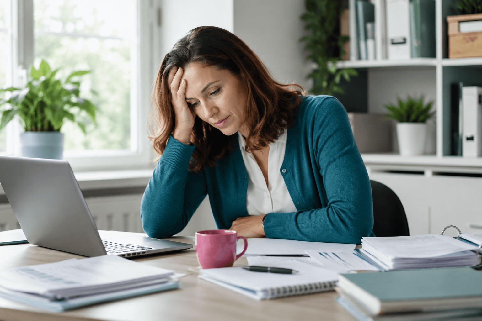 Woman sitting at a cluttered desk, head in hand, looking stressed while working on a laptop.