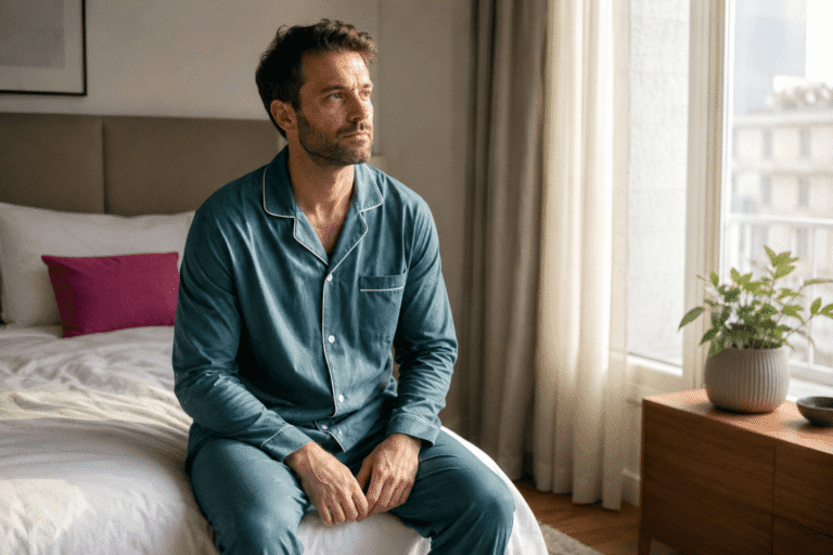 Man in teal pajama set sits on a bed in a sunlit hotel room, looking toward the window.