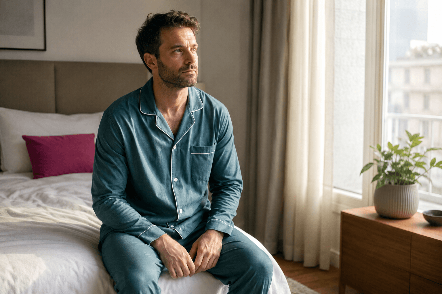 Man in teal pajama set sits on a bed in a sunlit hotel room, looking toward the window.