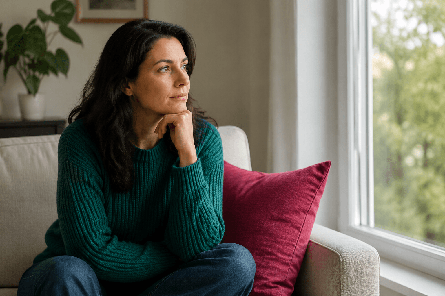 Woman sitting thoughtfully while reflecting on emotional connection