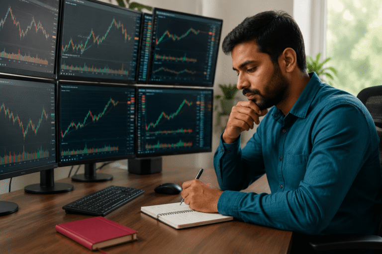 Trader analyzing market charts and notes to improve trading habits with hypnosis