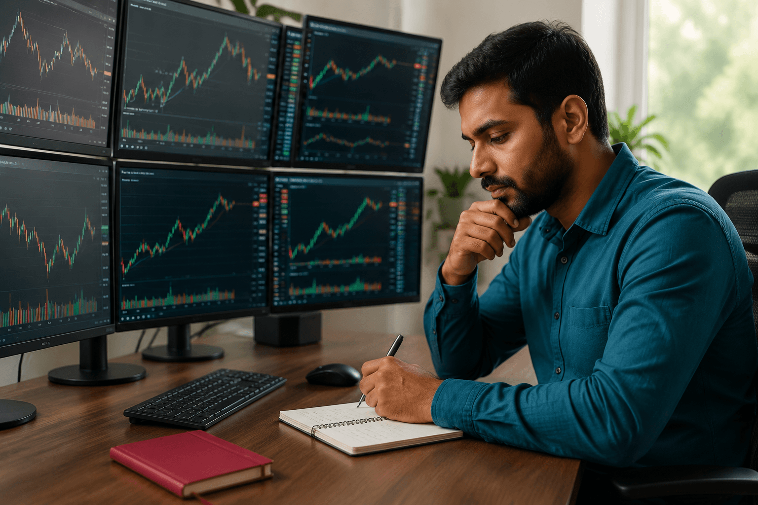 Trader analyzing market charts and notes to improve trading habits with hypnosis