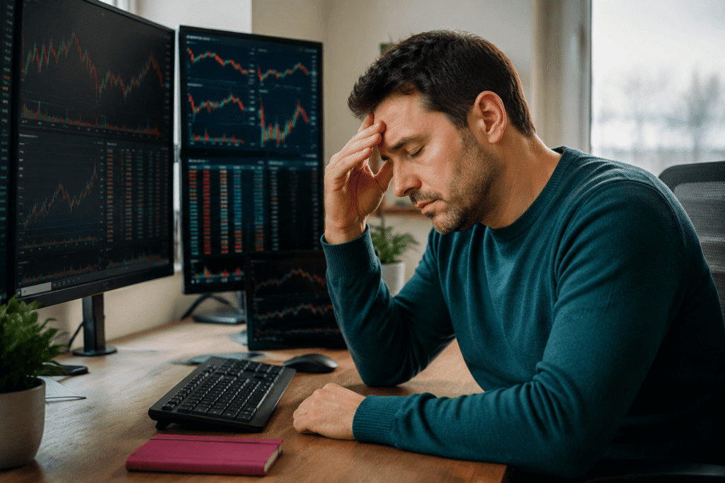 Trader feeling stressed at computer screens while managing trading burnout and focus