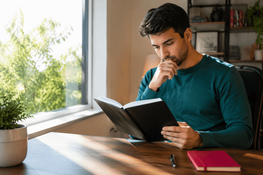 Trader reflecting with notebook after market losses and emotional stress