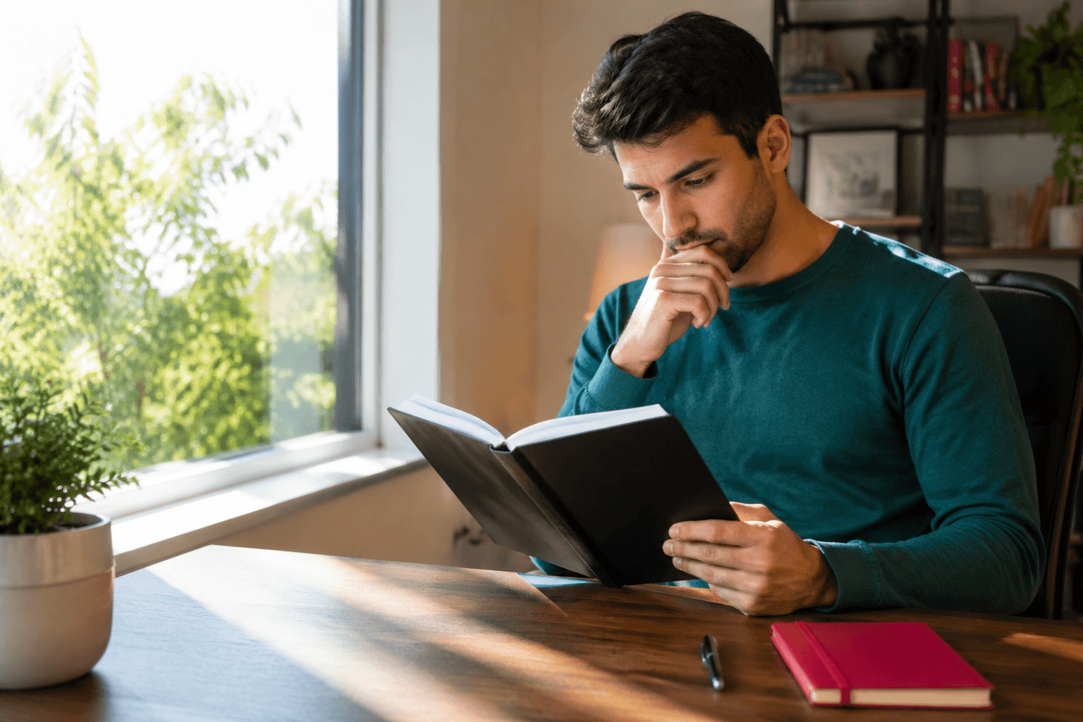 Trader reflecting with notebook after market losses and emotional stress