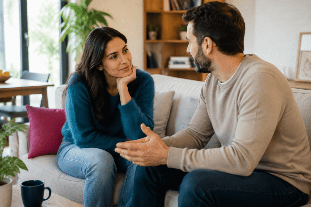 Couple talking together on couch, representing hypnotherapy for emotional connection