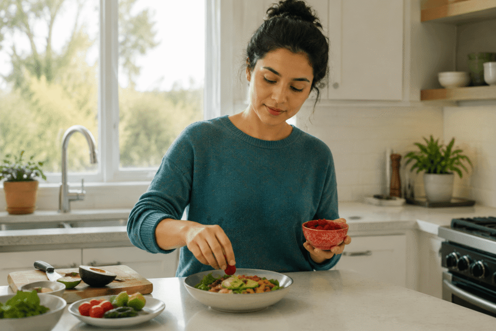 Woman preparing healthy food, representing hypnosis for healthier eating habits