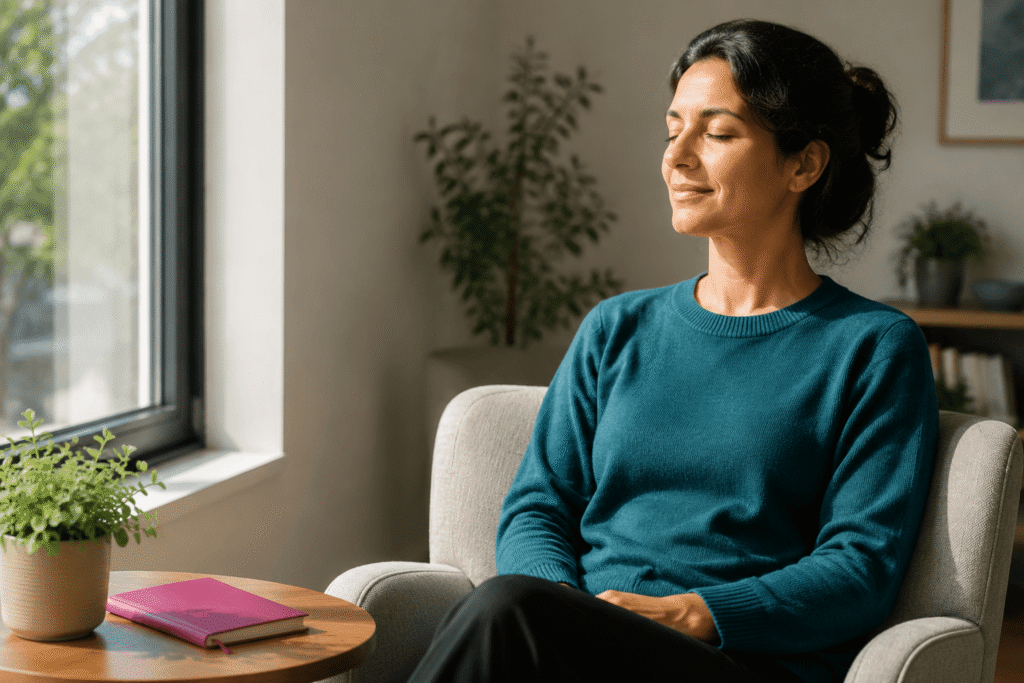Woman relaxing with eyes closed, representing hypnosis for calming racing thoughts