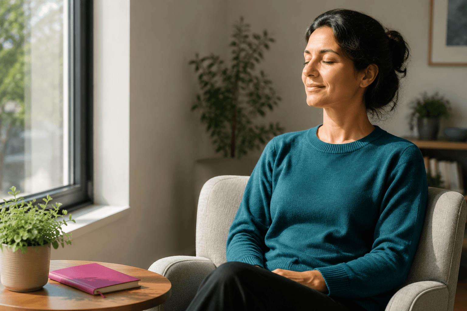 Woman relaxing with eyes closed, representing hypnosis for calming racing thoughts