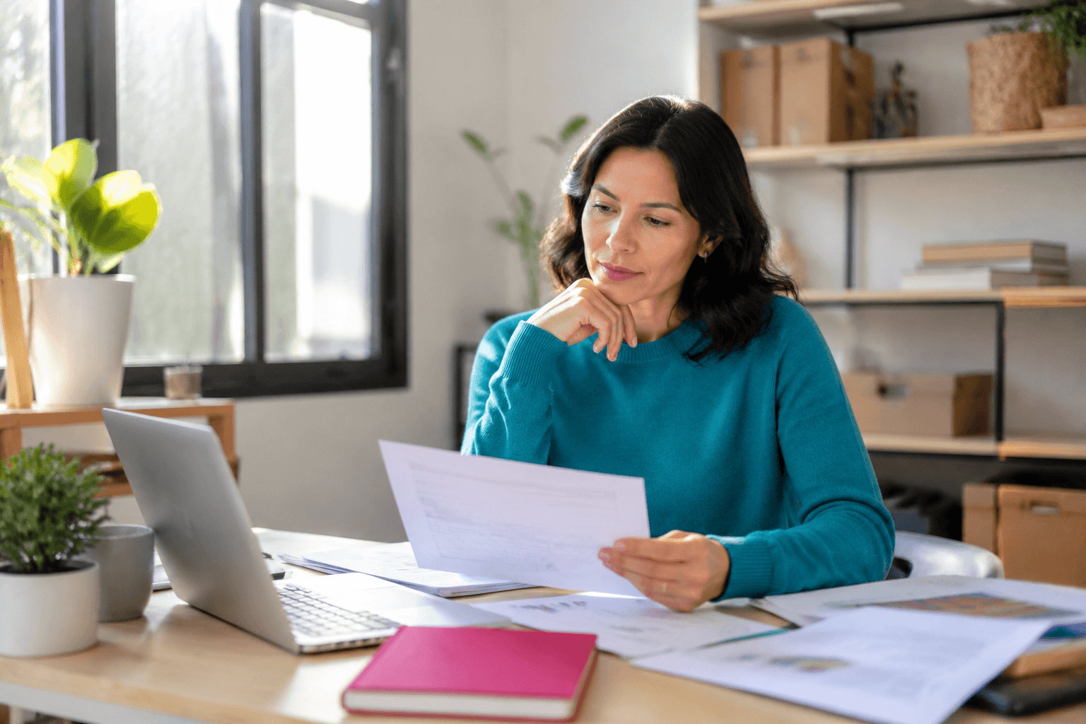 Professional thinking at desk, representing hypnosis support for business confidence