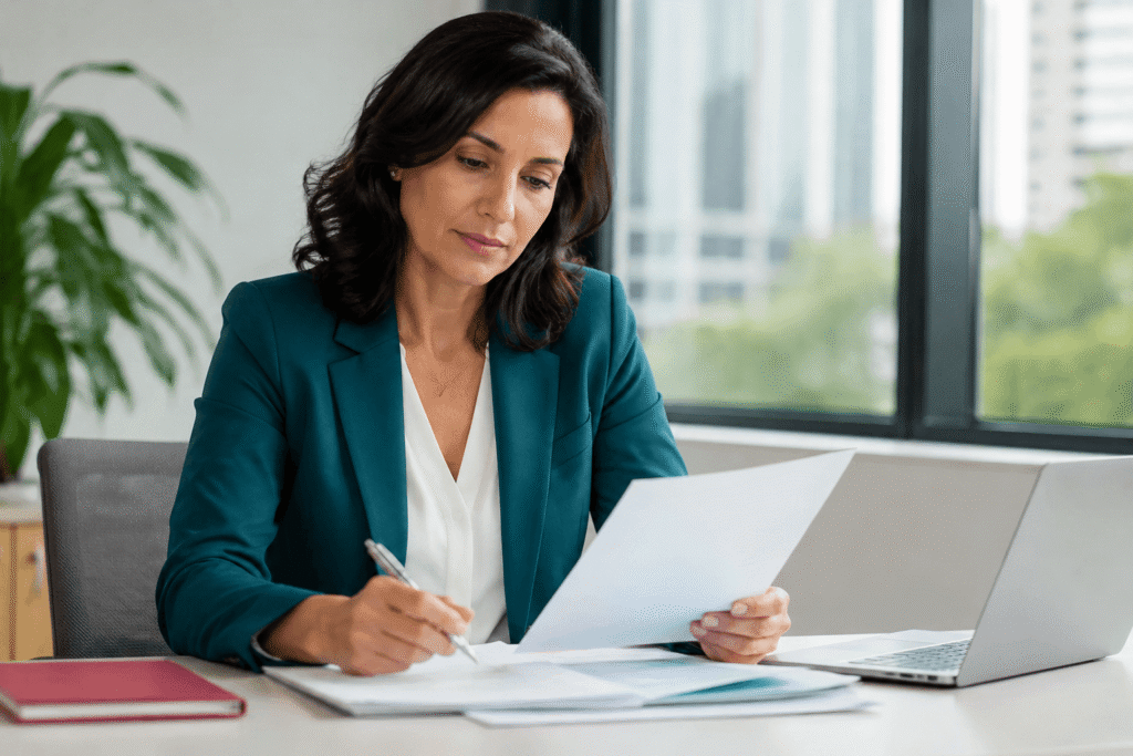 Professional reviewing documents at desk, representing hypnosis for workplace confidence