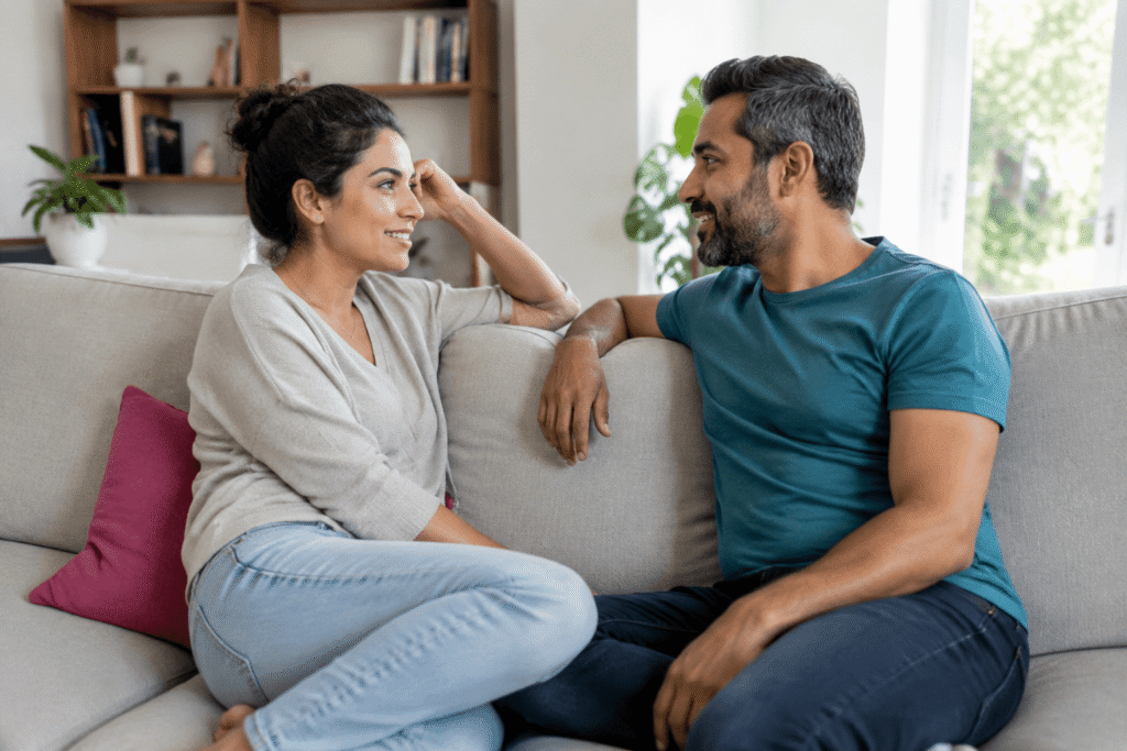 Couple having a positive conversation, representing hypnotherapy for relationship connection