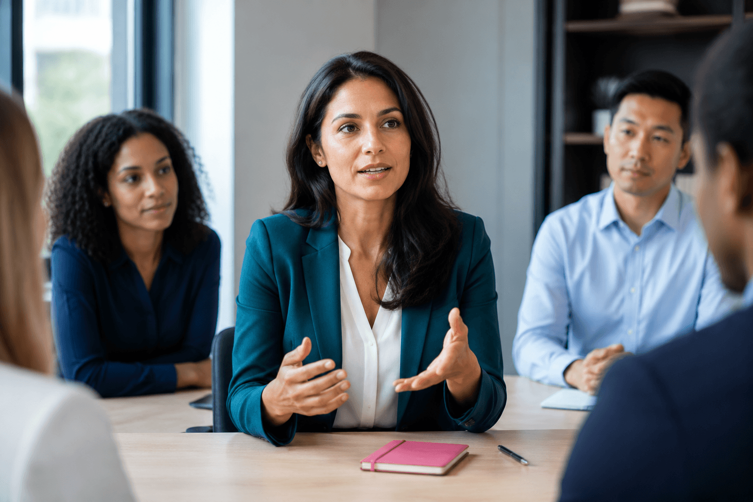 Professional woman speaking in a meeting, representing hypnosis for workplace confidence