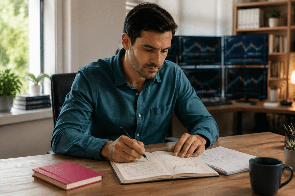 Trader writing notes at desk with market charts, showing hypnosis for better trading habits