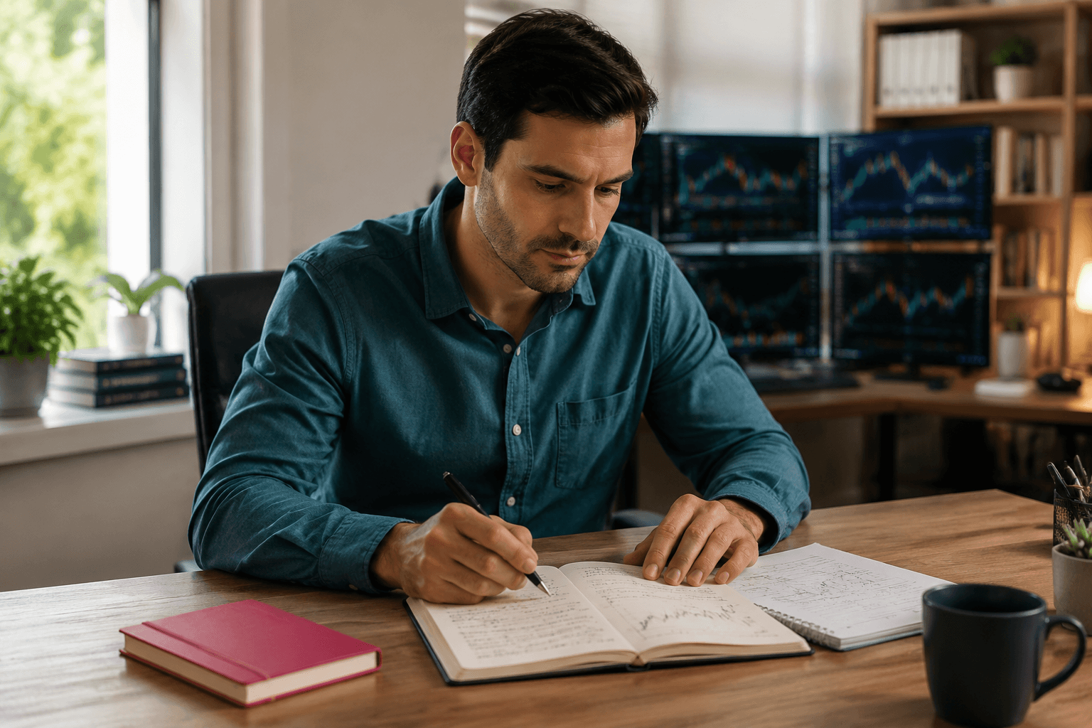 Trader writing notes at desk with market charts, showing hypnosis for better trading habits