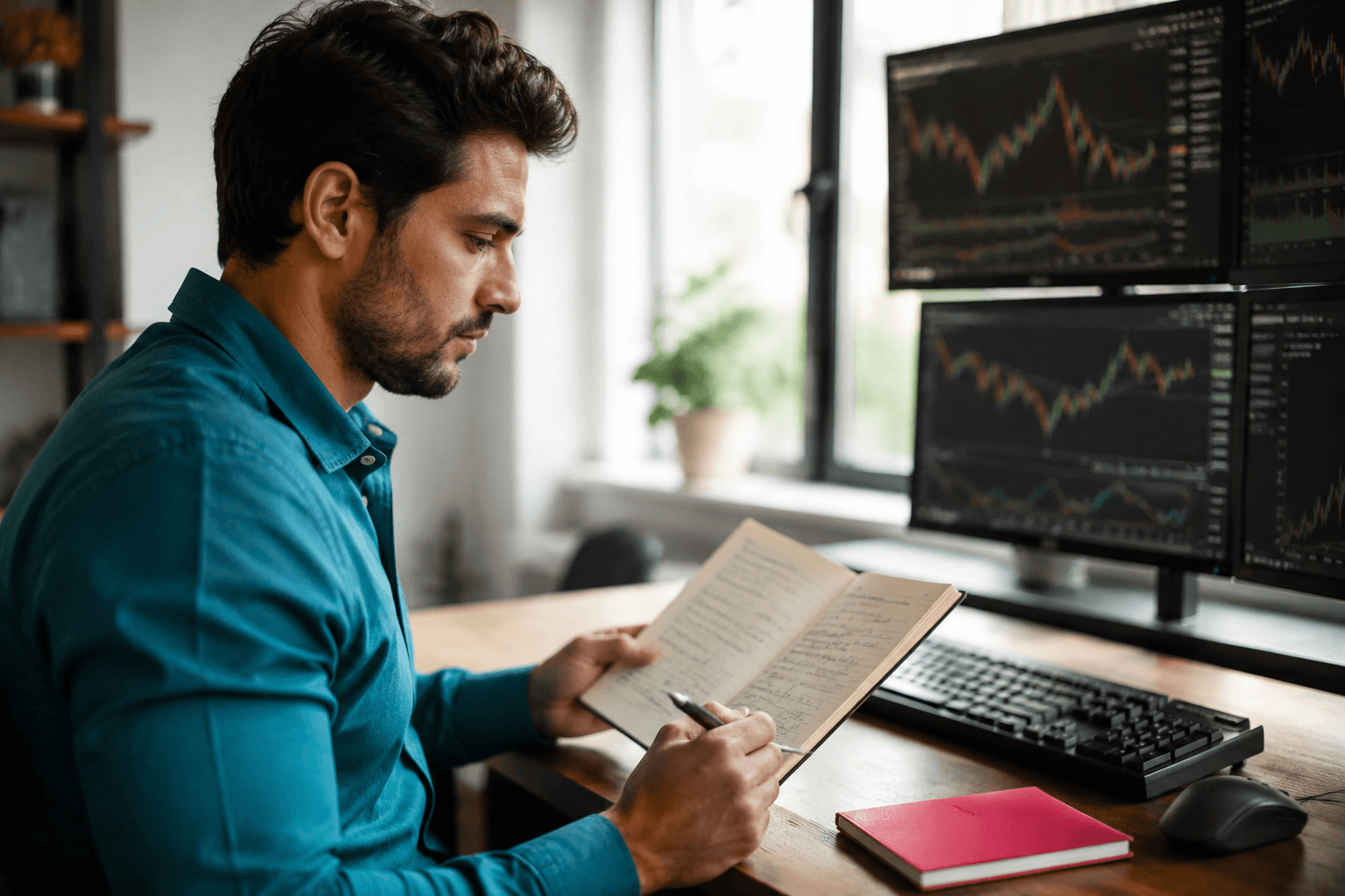 Trader reviewing charts and notes, representing hypnosis for trading confidence