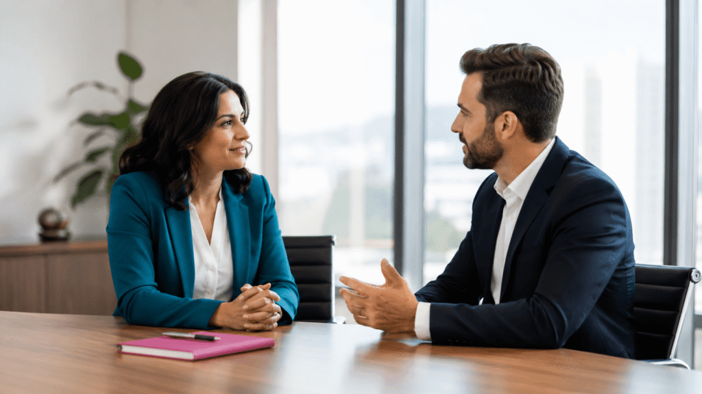 Professionals having a confident and respectful workplace conversation