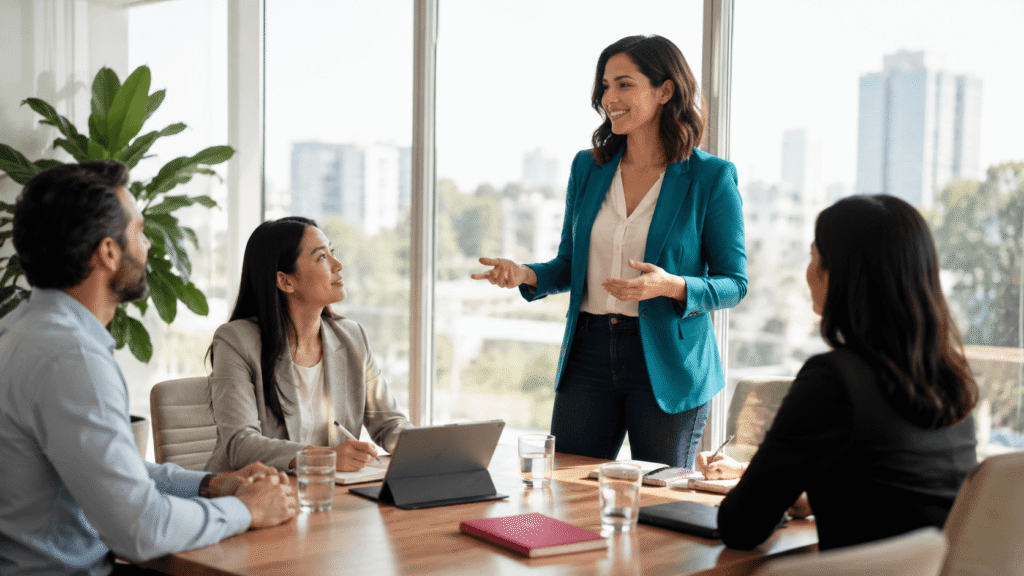 Team discussing ideas and solutions during a workplace meeting