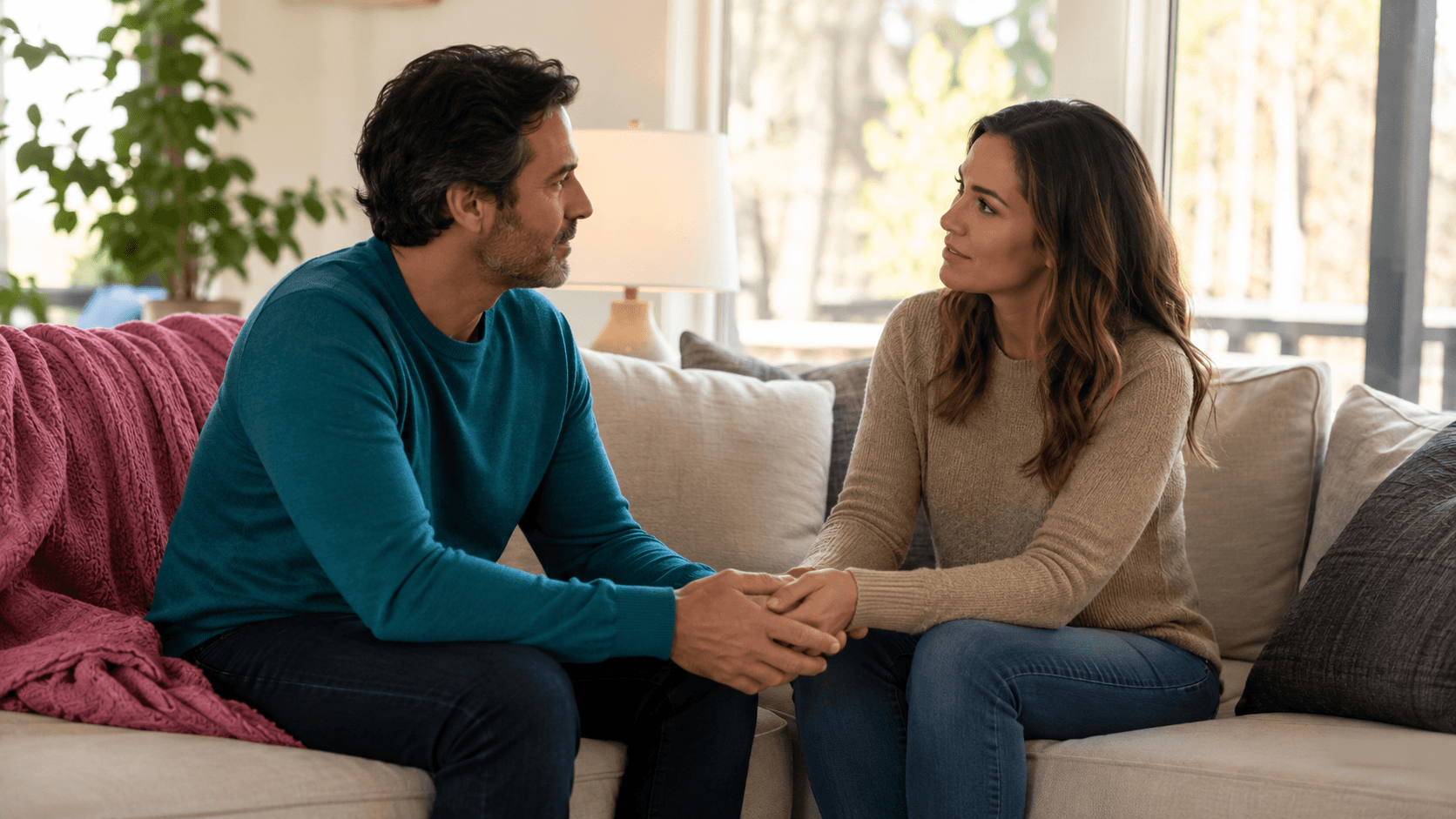Couple having a thoughtful conversation to rebuild trust