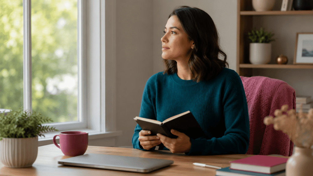 Professional reflecting while writing notes at a desk