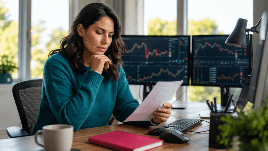 Trader reviewing a trading plan while analyzing market charts on multiple monitors