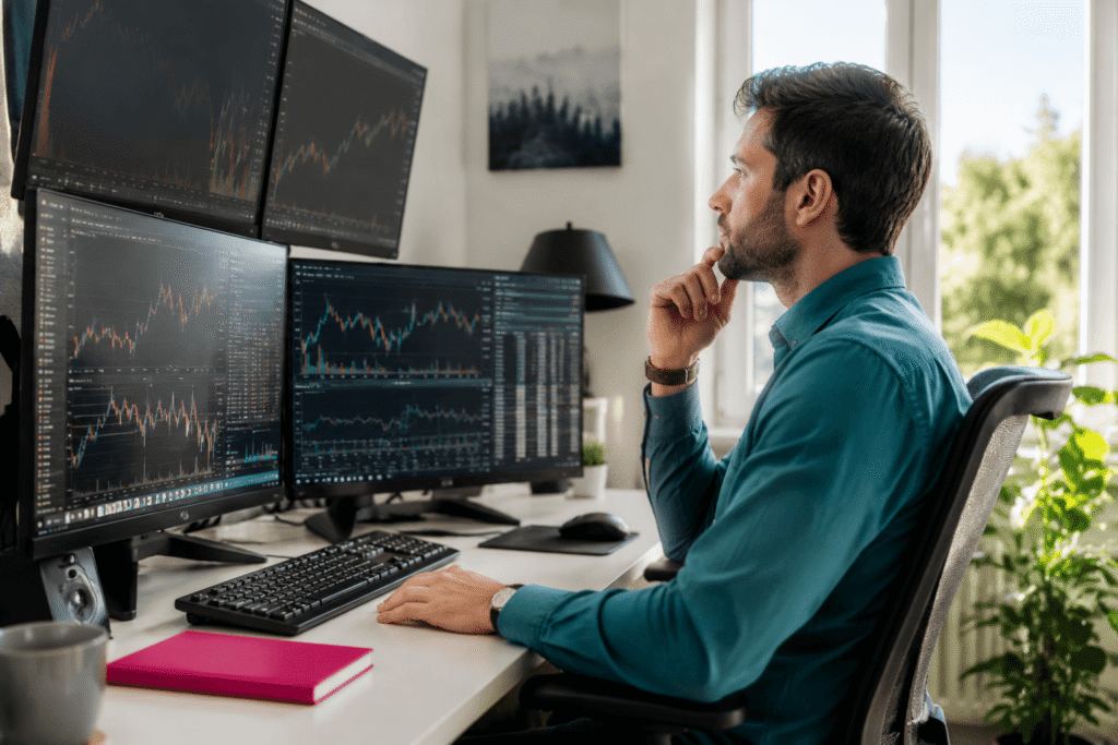 Trader reflecting beside market charts while considering emotional trading decisions.
