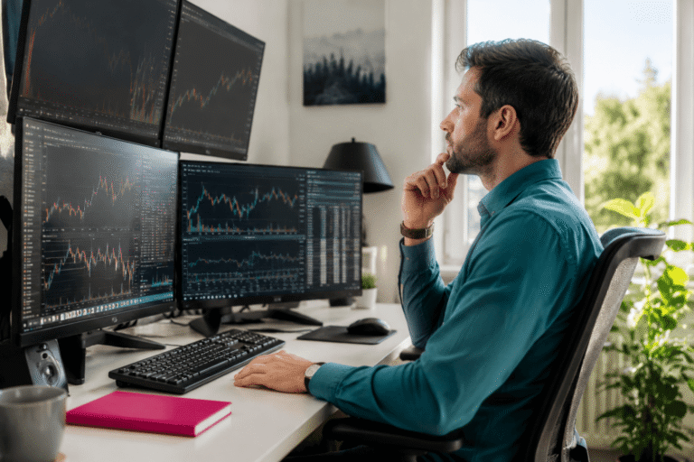 Trader reflecting beside market charts while considering emotional trading decisions.