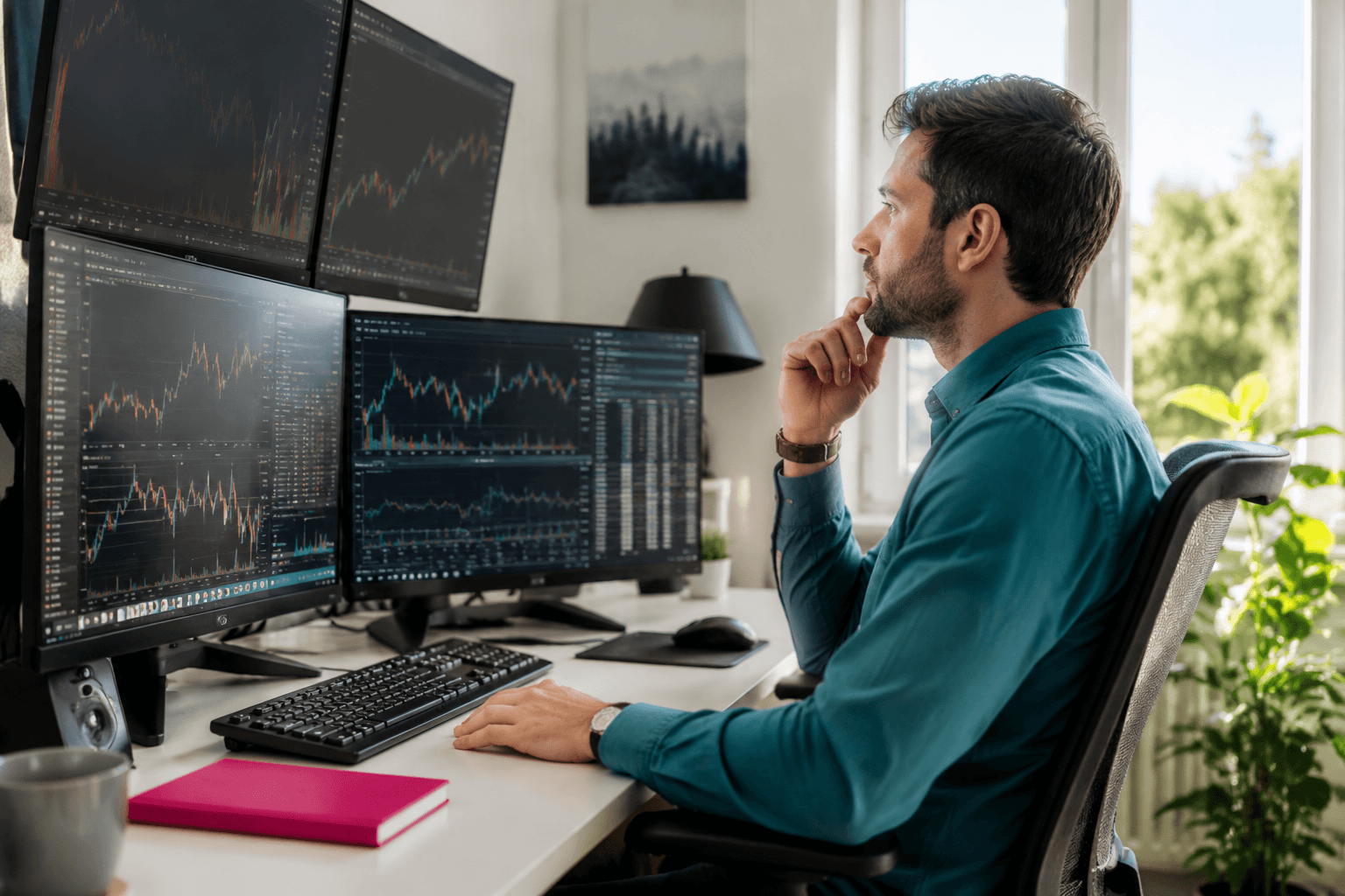 Trader reflecting beside market charts while considering emotional trading decisions.