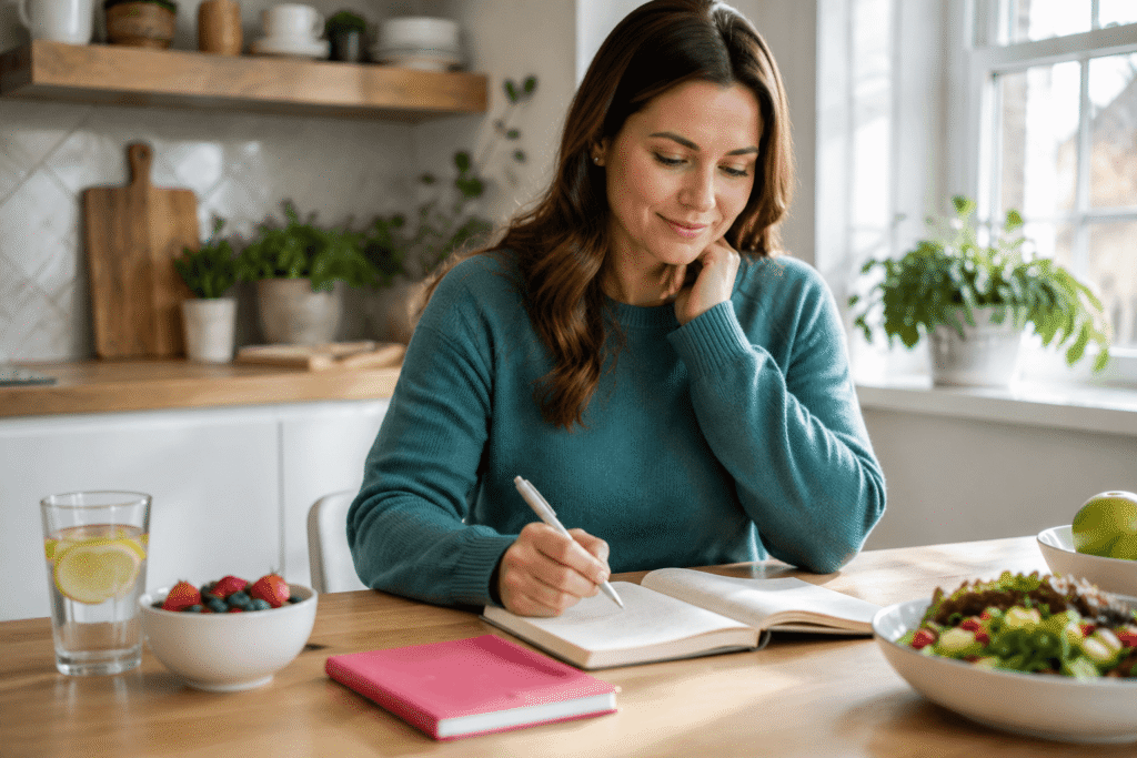 Person practicing mindful eating habits with hypnosis support for weight goals.