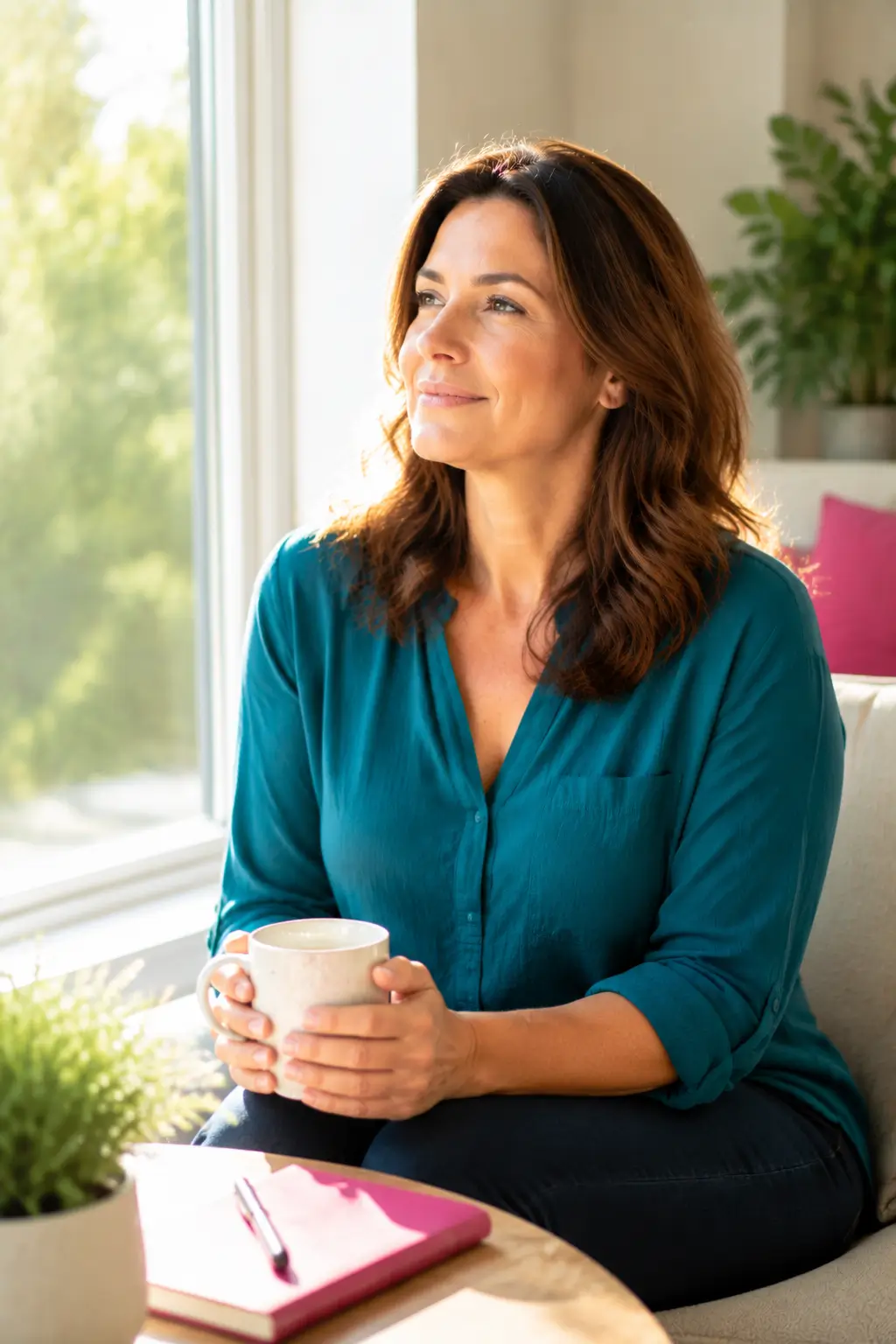 Woman in teal blouse sits by a sunlit window, holding a mug and gazing outside.