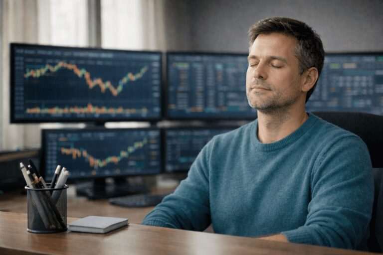 Trader practicing calm breathing at desk, reflecting hypnosis for separating self-worth from trading results.
