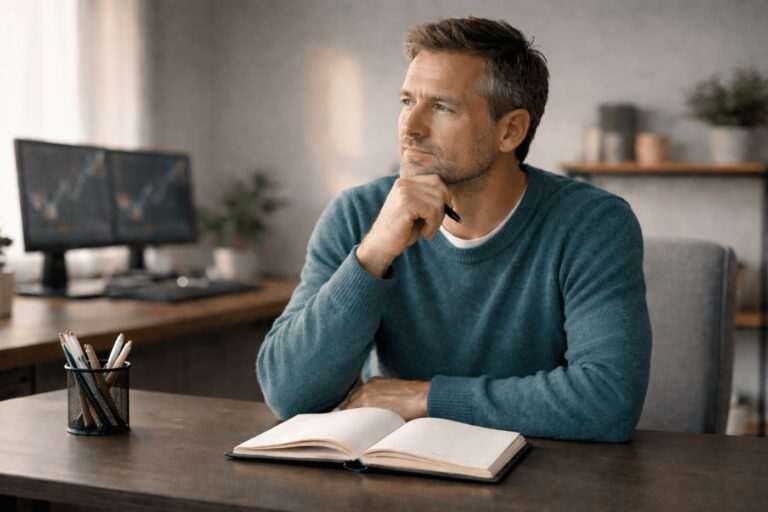 Trader thinking at desk, representing hypnosis work on limiting beliefs shaped by past trading stress.
