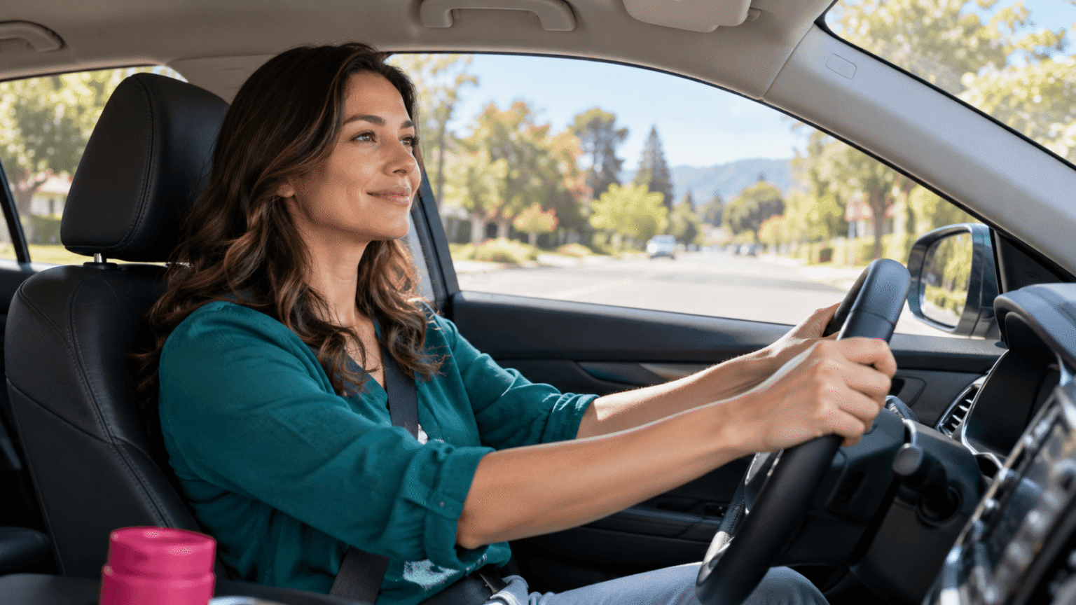 Woman calmly driving a car while building confidence behind the wheel.