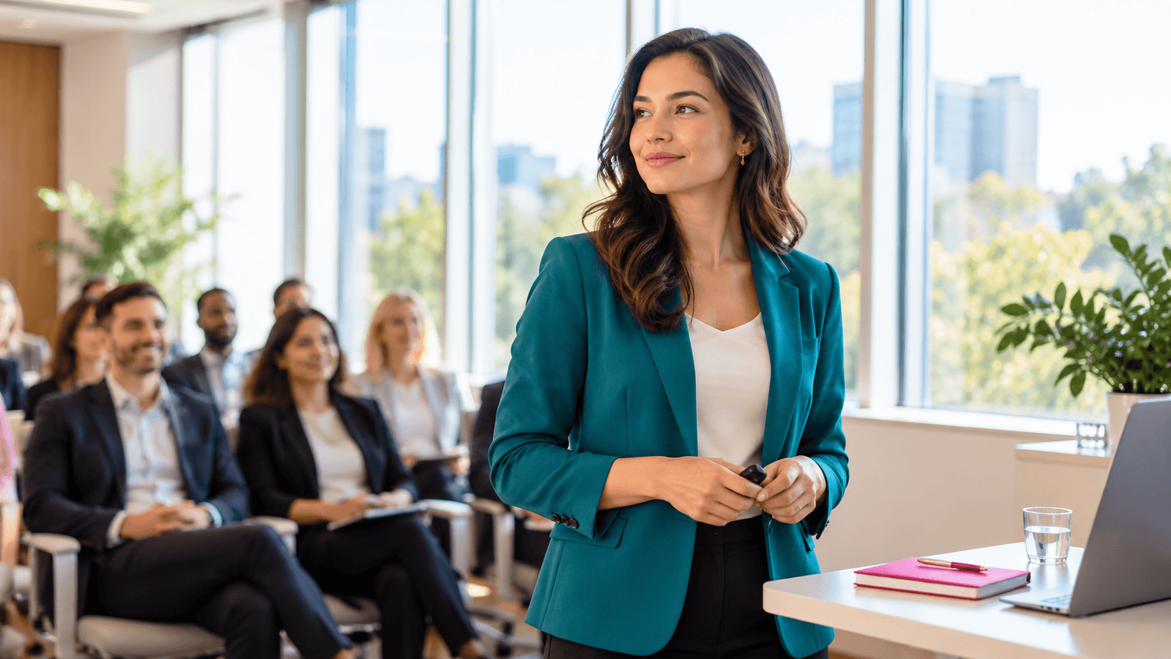 Professional woman confidently preparing to speak in front of an audience.