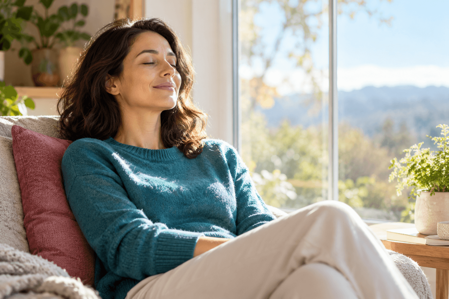 Relaxed woman in a calm setting representing hypnotherapy support for panic attacks.