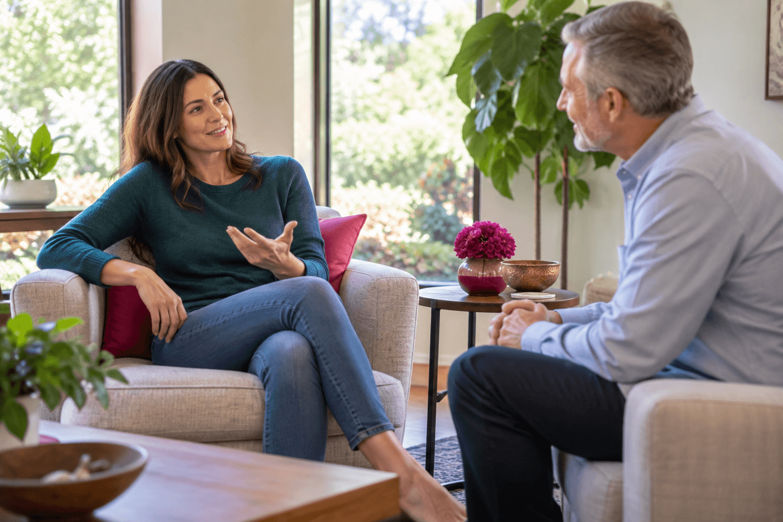 Woman speaking with a hypnotherapy professional about anxiety support and treatment expectations.