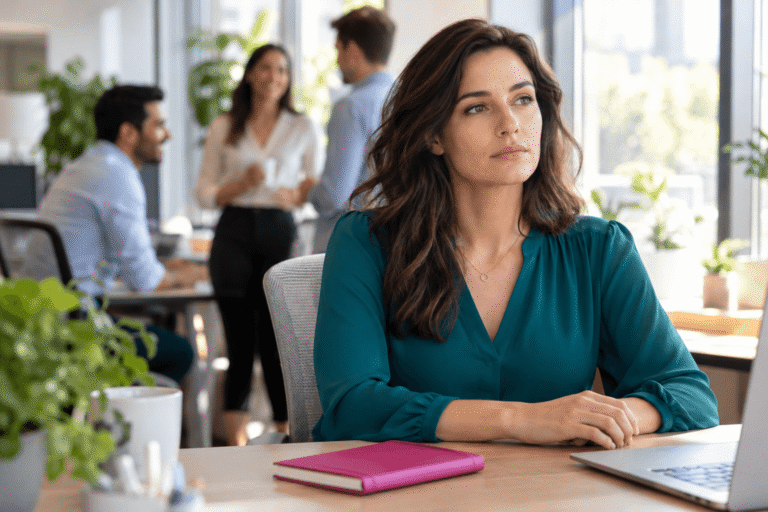Woman appearing calm while quietly experiencing internal anxiety and emotional tension.