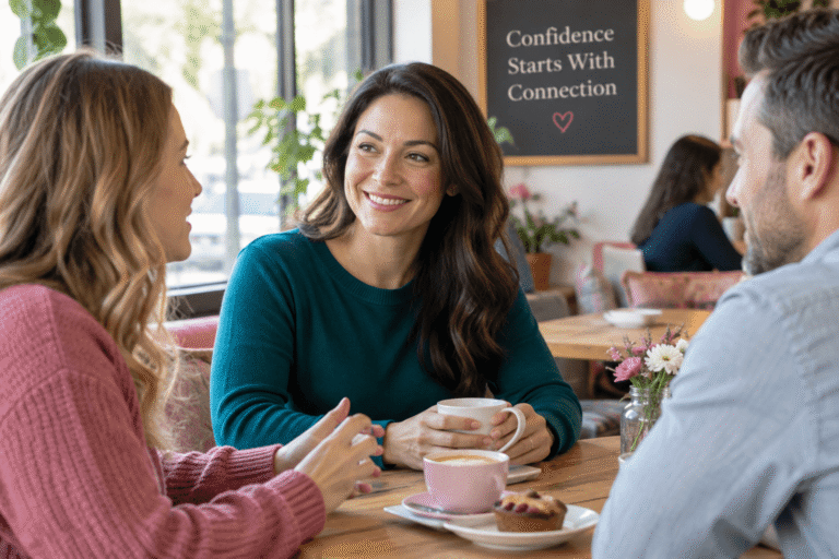 Professional woman confidently enjoying a relaxed conversation with two colleagues in a bright café.