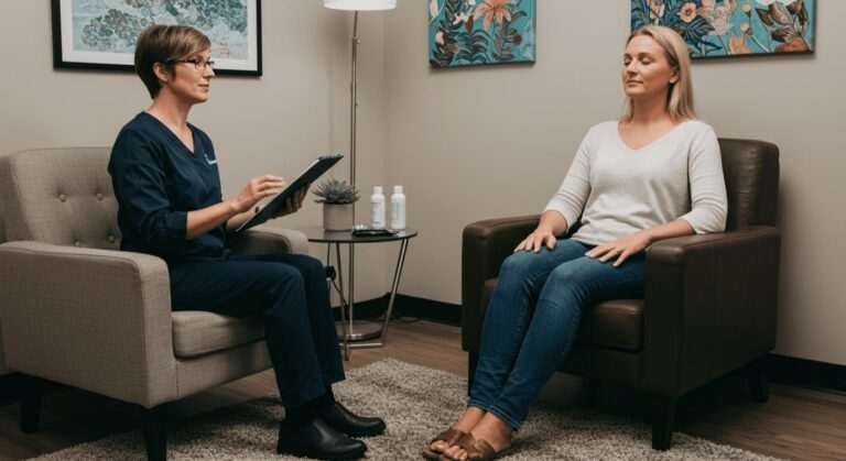 A therapist in medical scrubs conducting a hypnosis session with a client in a calm and professional office environment.