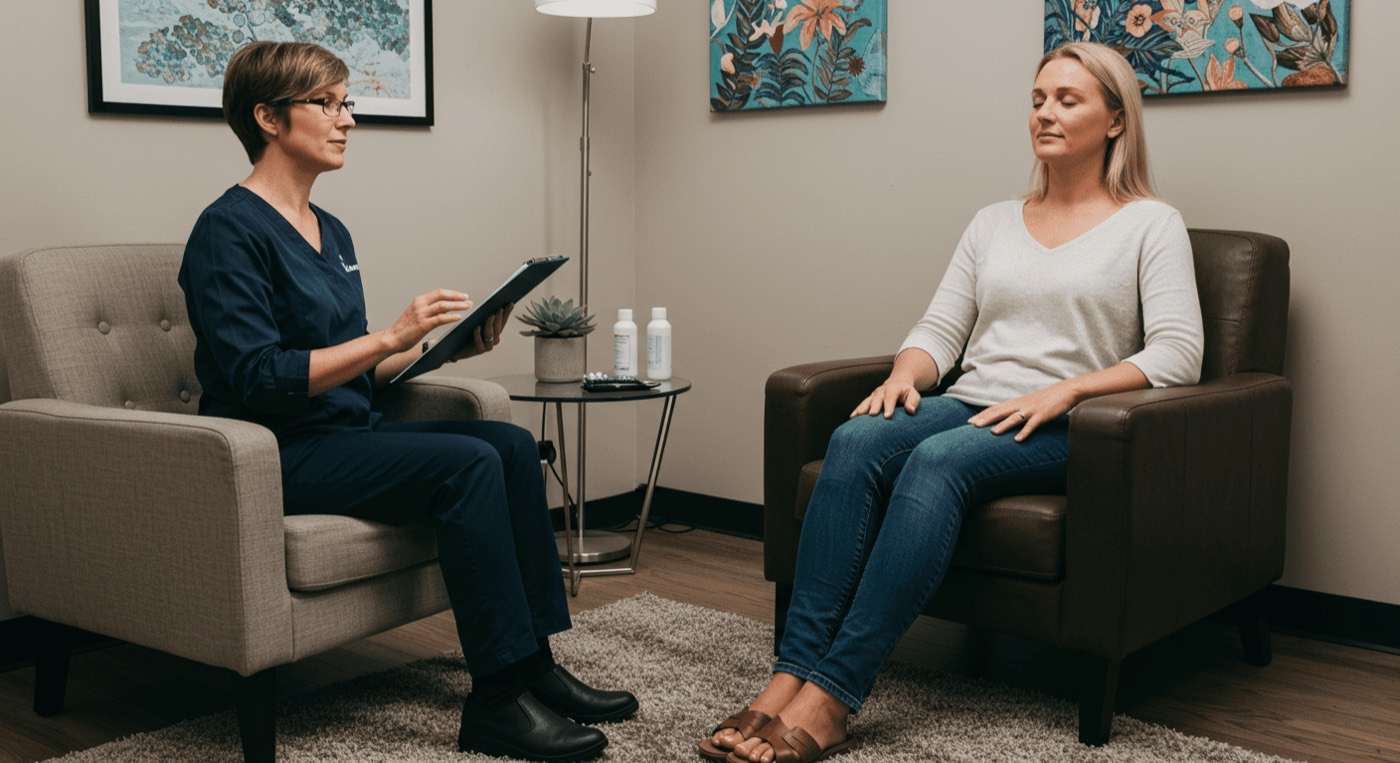 A therapist in medical scrubs conducting a hypnosis session with a client in a calm and professional office environment.