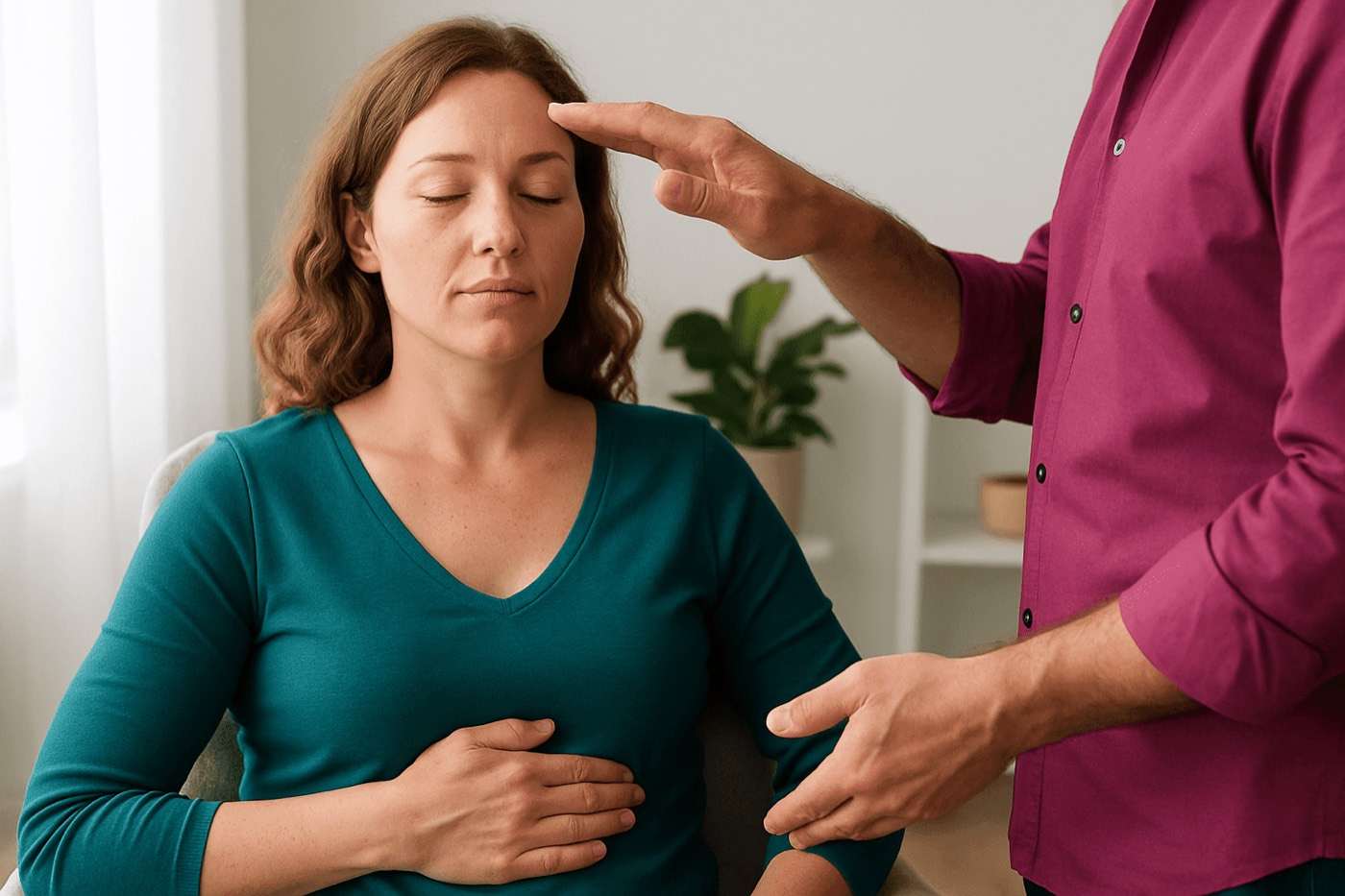 Woman practicing gut directed hypnotherapy at home to ease digestive discomfort.