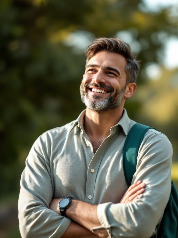 A confident man stands outdoors with a bright smile, reflecting the positive transformation from Monte Sereno Hypnotherapy Services. A confident man stands outdoors with a bright smile, reflecting the positive transformation from Monte Sereno Hypnotherapy Services.