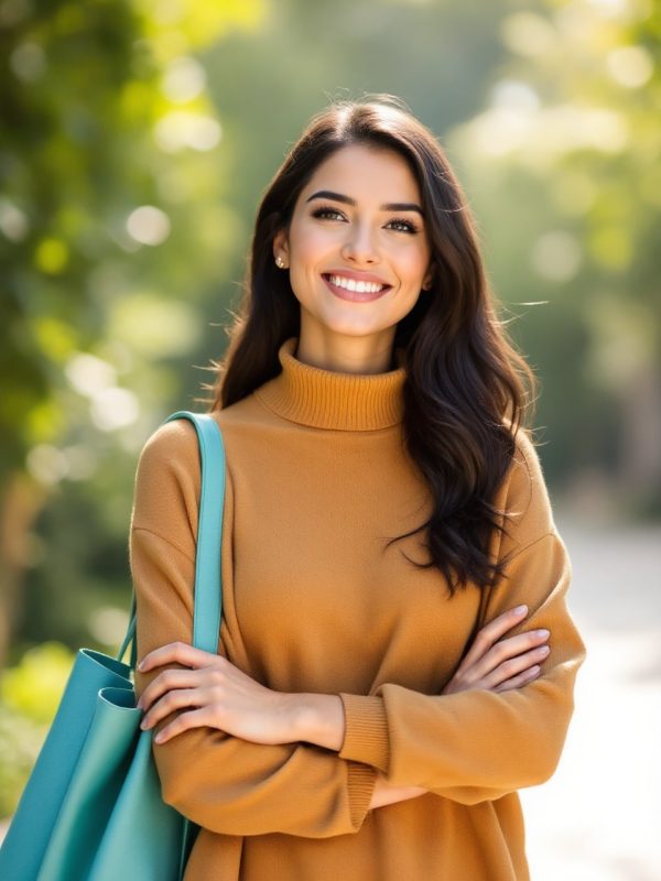 campbell-hypnotherapy-services-personal-growth. A confident woman smiling outdoors with a stylish bag, representing personal transformation after hypnotherapy.
