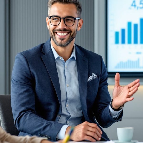 Smiling professional leading a strategy discussion during an executive success hypnotherapy service session with a graph displayed on a screen in the background. Smiling professional leading a strategy discussion during an executive success hypnotherapy service session with a graph displayed on a screen in the background.
