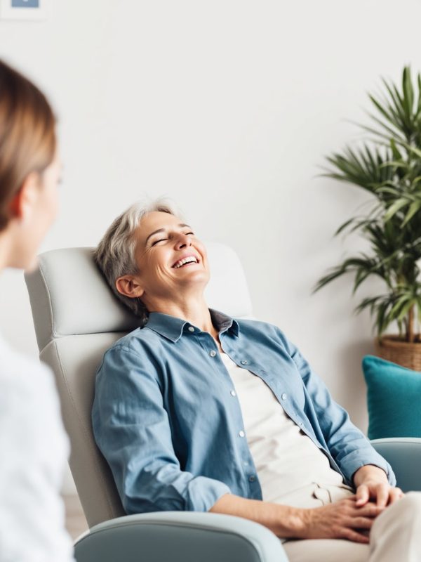 make-more-money-mindset-shift-hypnotherapy. An older woman relaxing in a comfortable chair during a hypnotherapy session, focusing on a success-driven mindset.