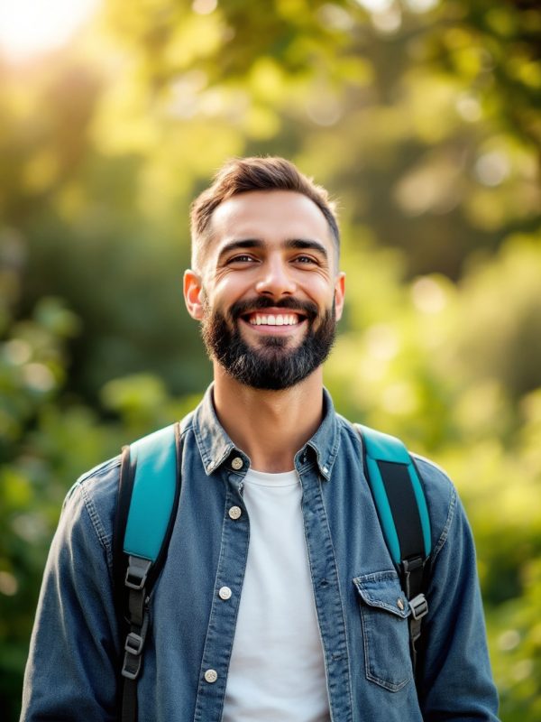mountain-view-hypnotherapy-services-client-transformation. A smiling man outdoors with a backpack, symbolizing confidence and personal growth after hypnotherapy.
