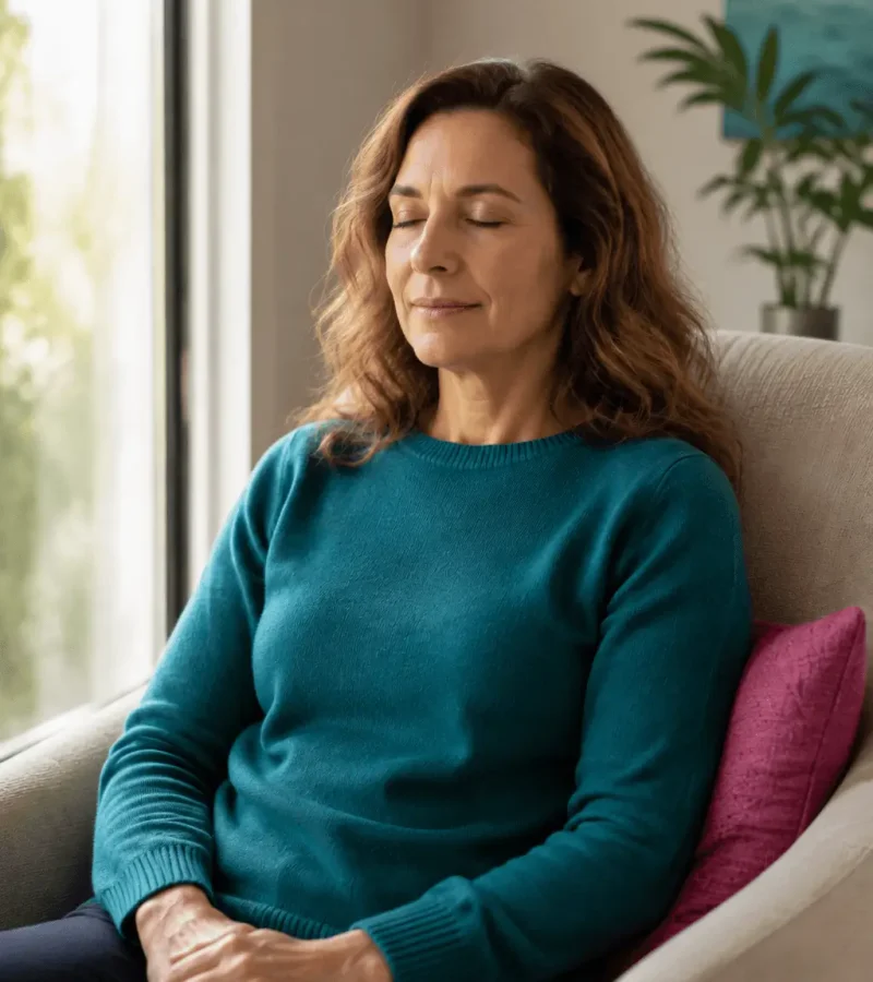 pain-management-hypnotherapy-calming-session Woman with teal sweater sitting in a chair with eyes closed, meditating indoors by a window.